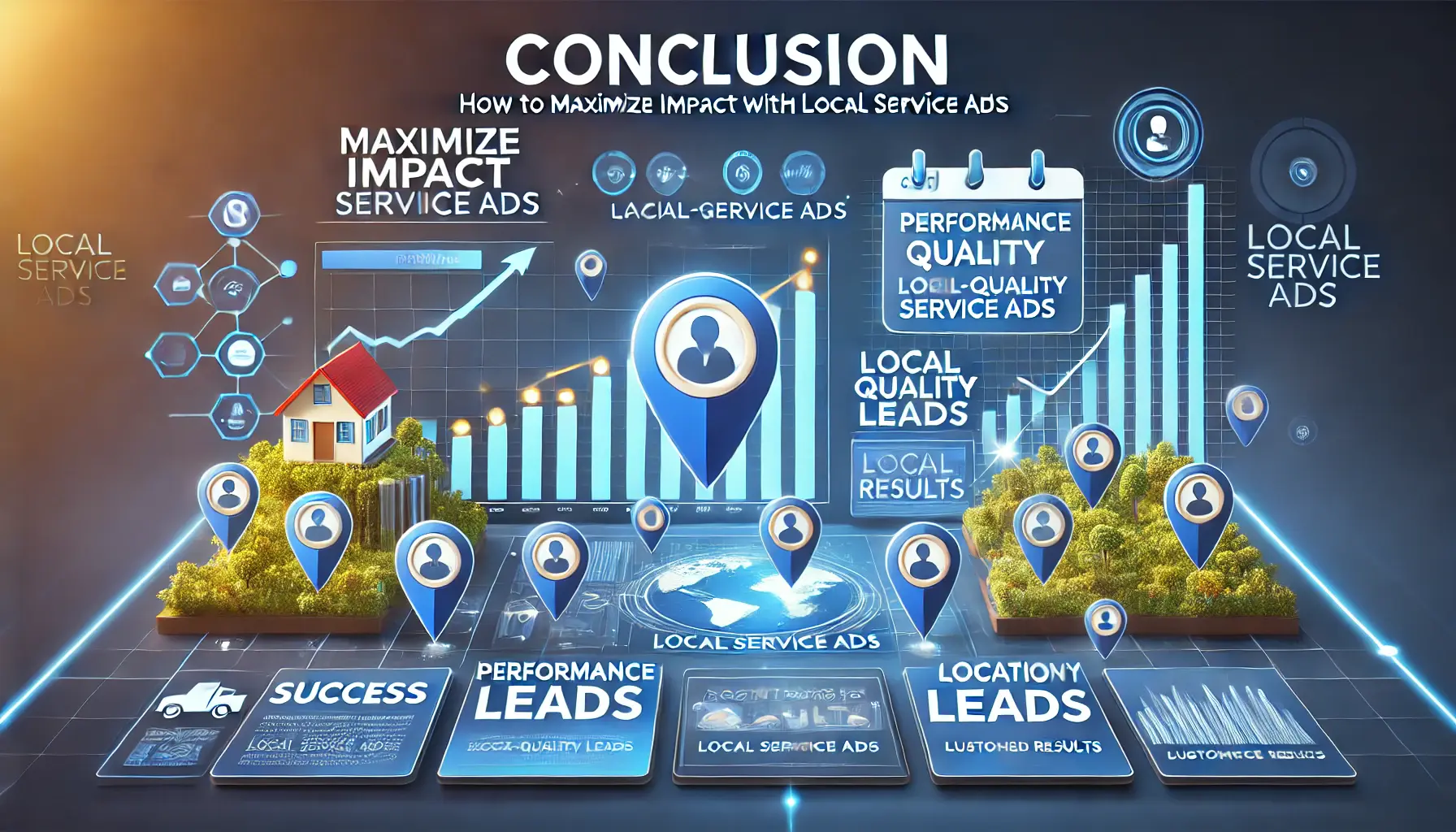 An image featuring performance graphs trending upward, icons of high-quality leads, and a digital dashboard showcasing ad results, symbolizing the success of Local Service Ads.