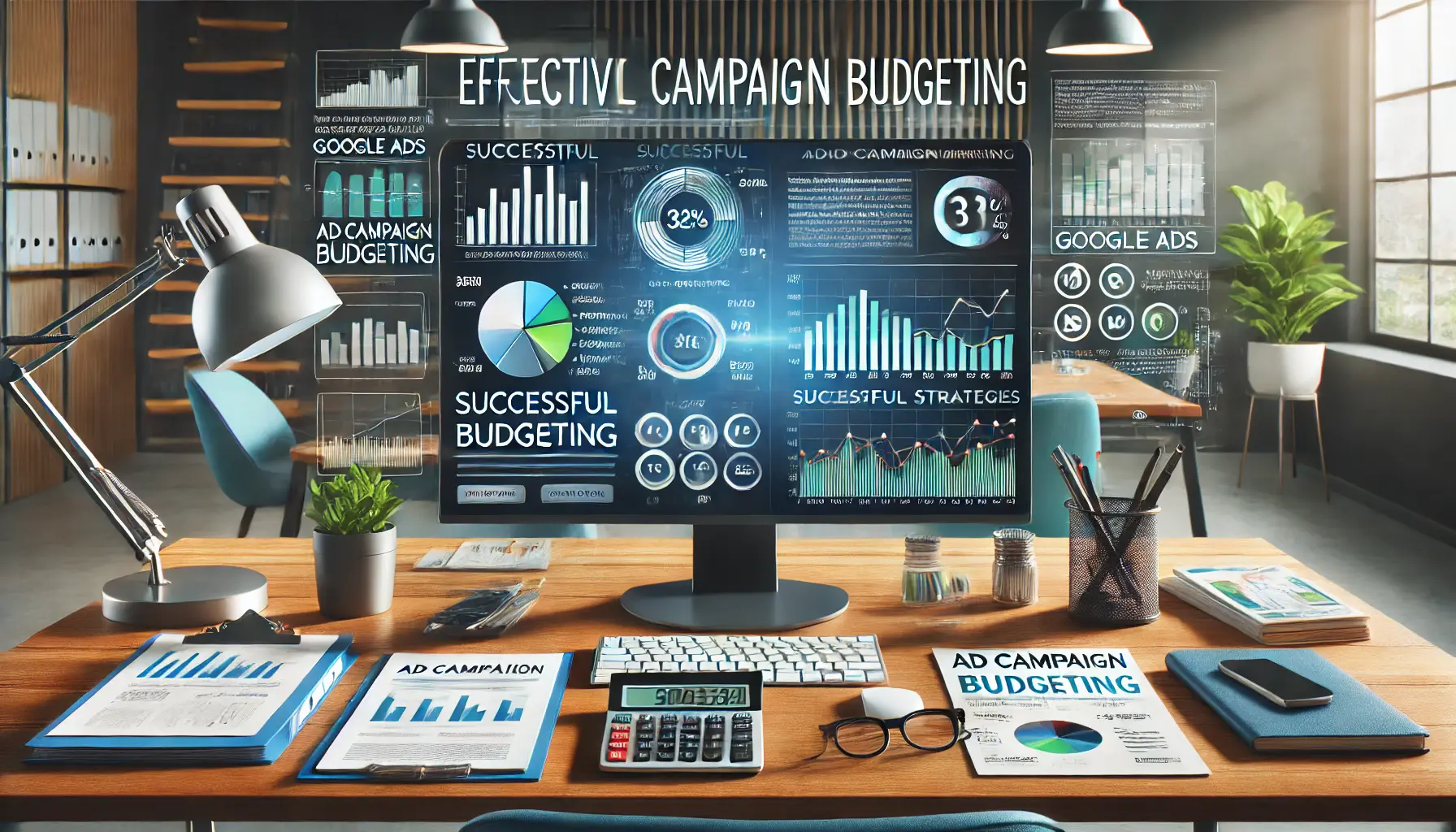 A modern office workspace displaying an overview of successful ad campaign budgeting strategies.