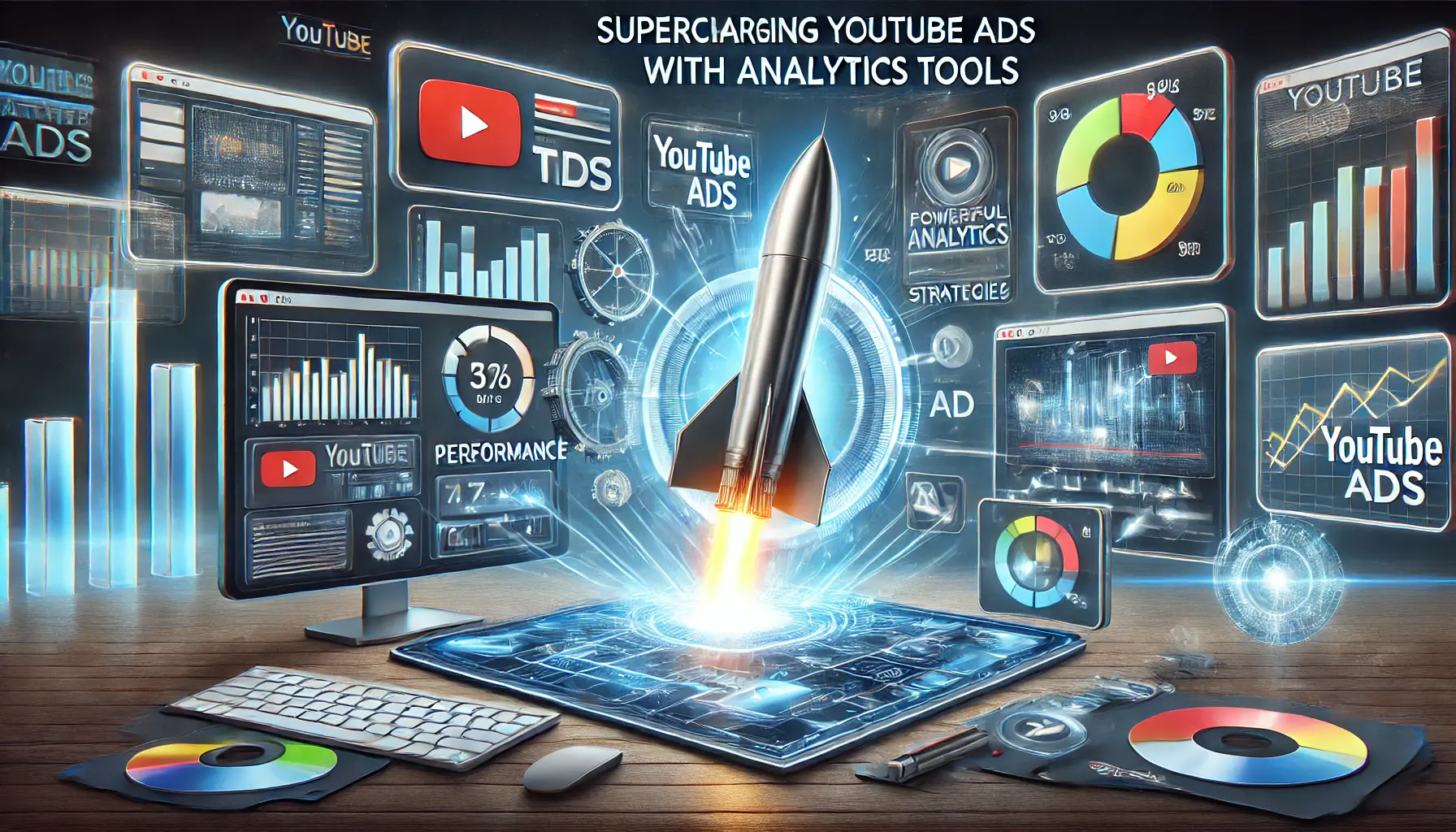 An illustration of using analytics tools to supercharge YouTube ads, featuring powerful dashboards, performance graphs, and ad optimization strategies.