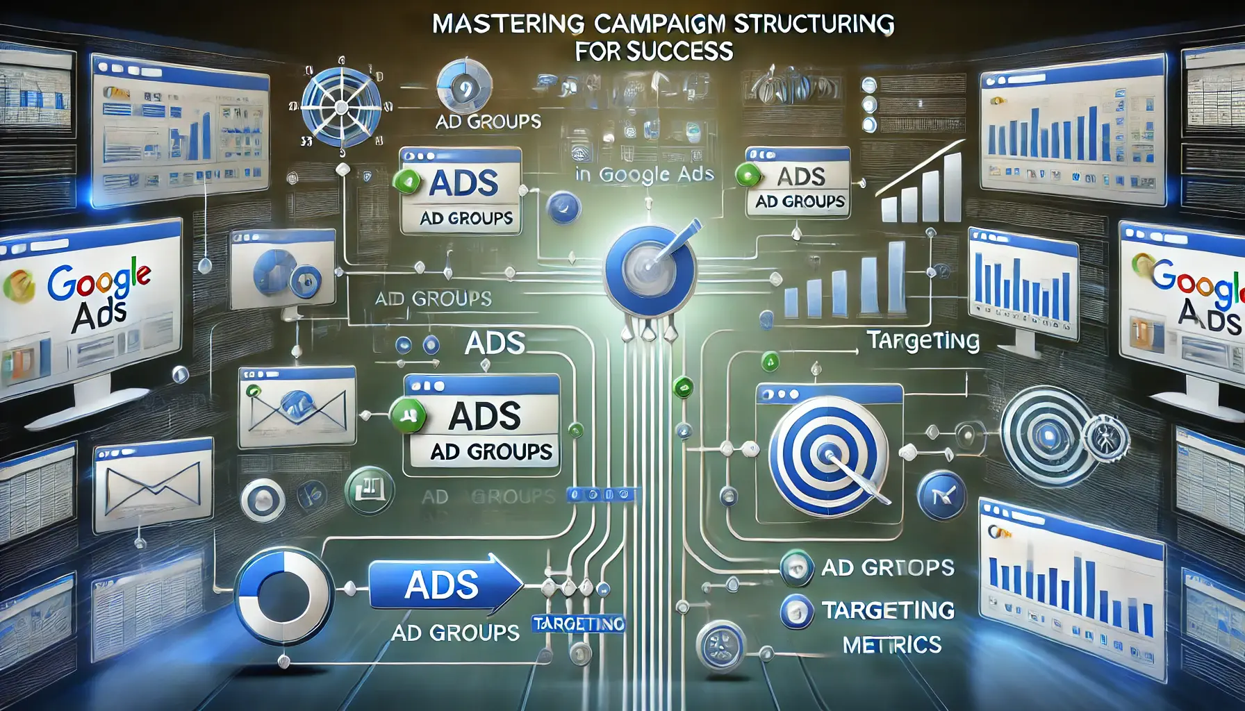 A visual representation of a well-structured campaign with interconnected ads, ad groups, targeting, and metrics symbolizing campaign success.