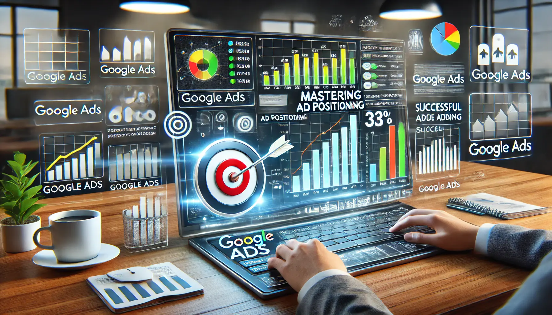 A realistic illustration depicting the concept of mastering ad positioning for success in Google Ads, featuring a computer screen with a comprehensive dashboard of metrics.