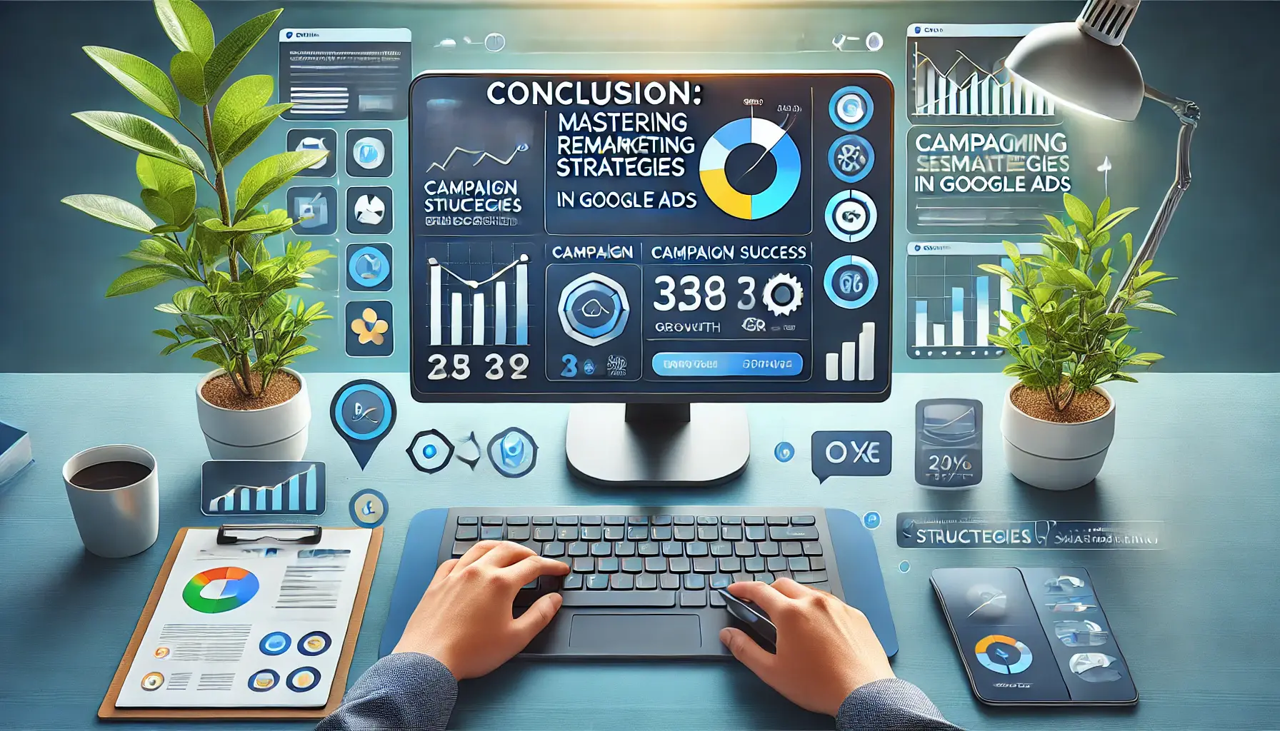 Digital marketing setup with a computer screen showing campaign success metrics and growth indicators, symbolizing mastery over remarketing strategies.