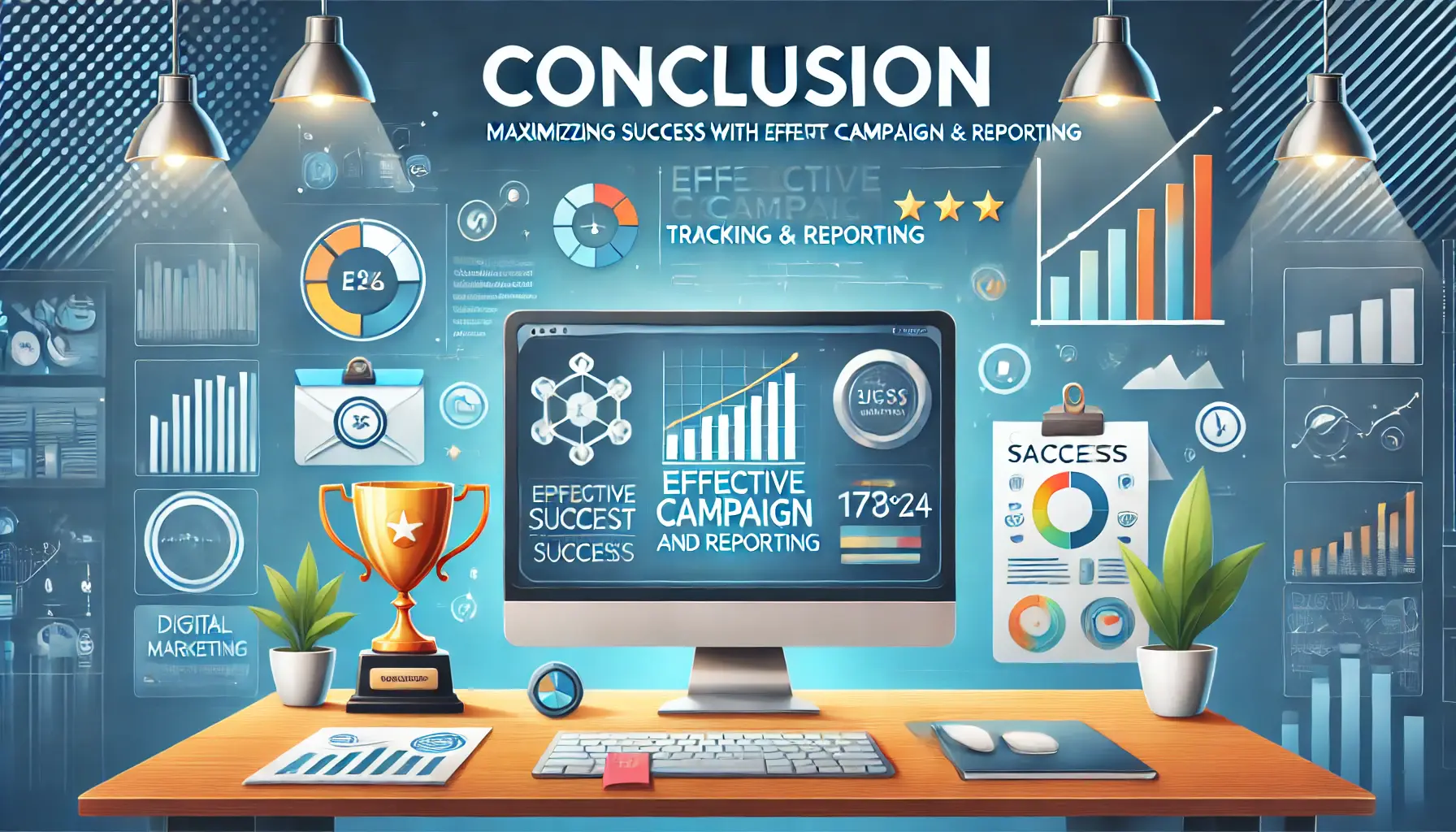 Image depicting a digital workspace with a computer showing a successful campaign report featuring positive metrics, charts, and graphs.