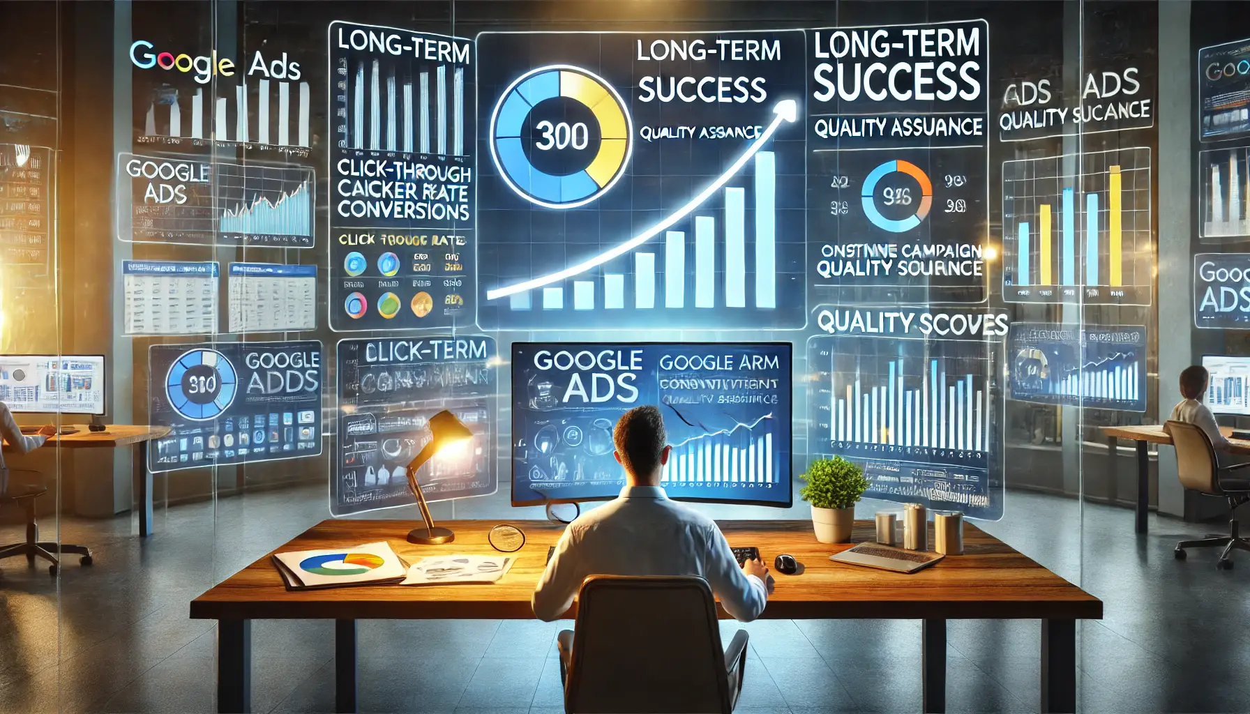 A digital marketing workspace where a professional is analyzing long-term Google Ads campaign data, with charts showing steady improvements in click-through rates, conversions, and quality scores on a large monitor.