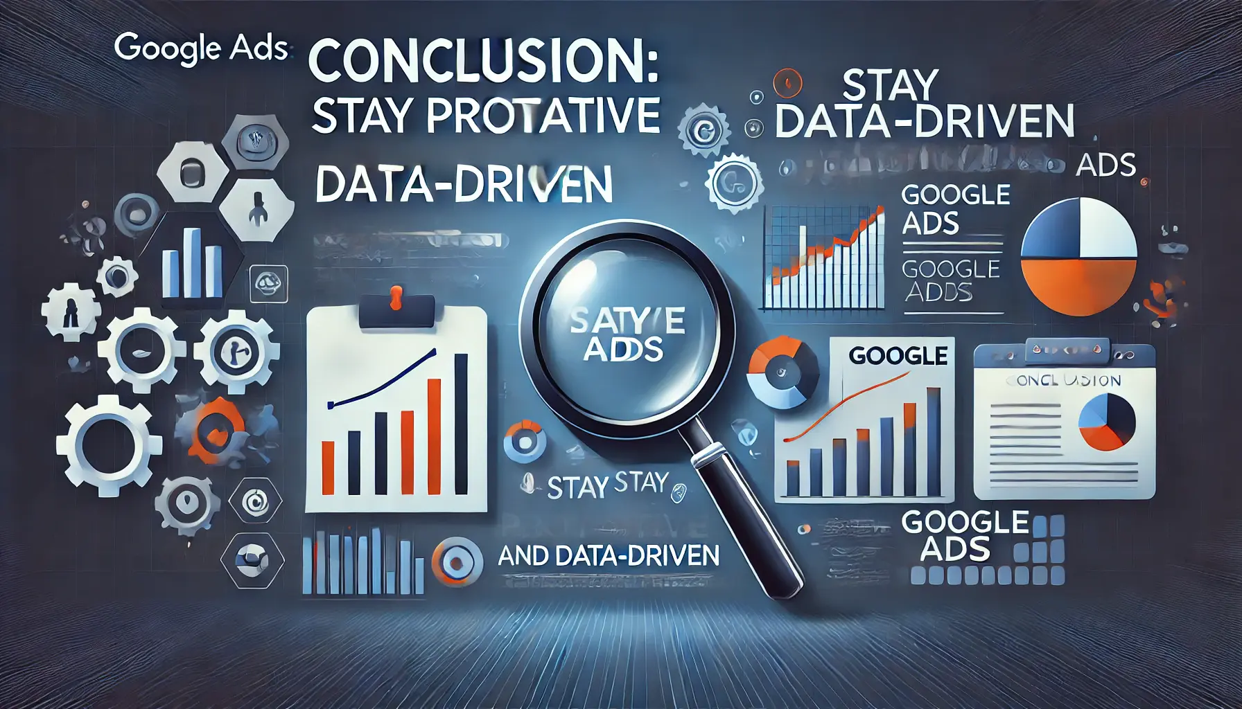 Visual representation of staying proactive and data-driven, featuring data charts, a magnifying glass symbolizing analysis, and forward-moving arrows symbolizing progress.