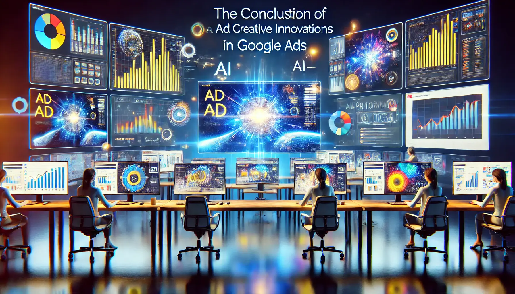 A modern marketing workspace with multiple screens displaying creative ad designs, performance analytics, and AI-powered tools, symbolizing the potential of ad creative innovations in Google Ads.