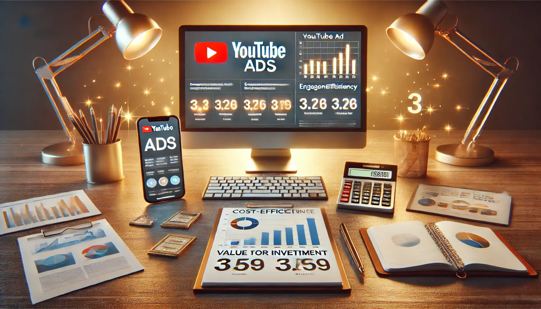 A realistic image of a workspace with a computer displaying YouTube ad performance metrics, symbolizing cost-effectiveness in YouTube advertising.