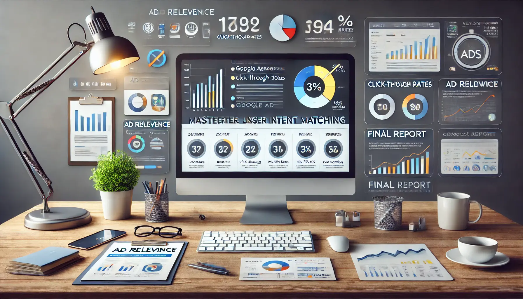 Workspace with computer displaying summary dashboard with metrics like ad relevance and conversion rates.