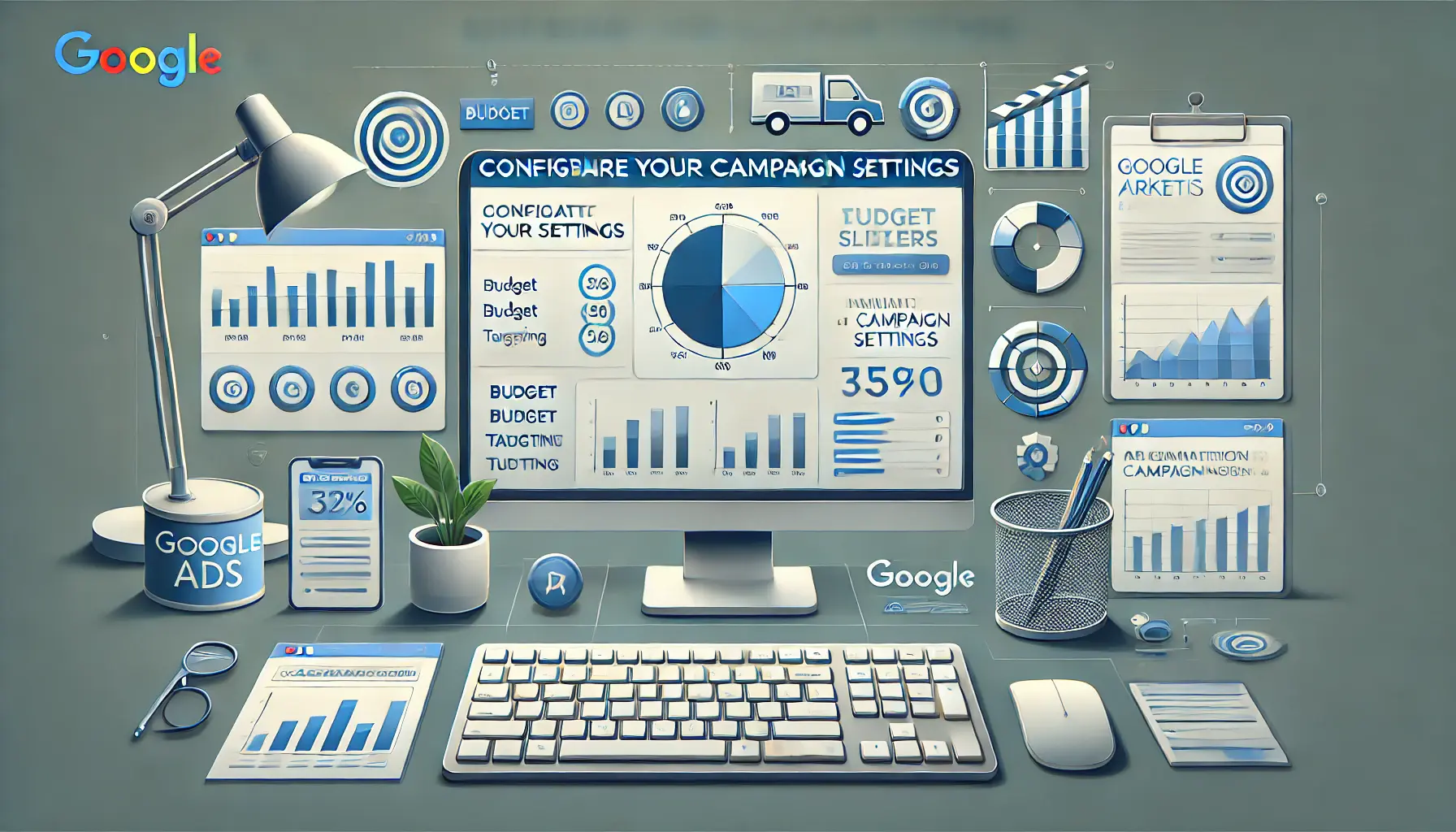 Digital marketing setup with a computer screen displaying Google Ads campaign settings, budget sliders, and targeting options, representing campaign configuration.