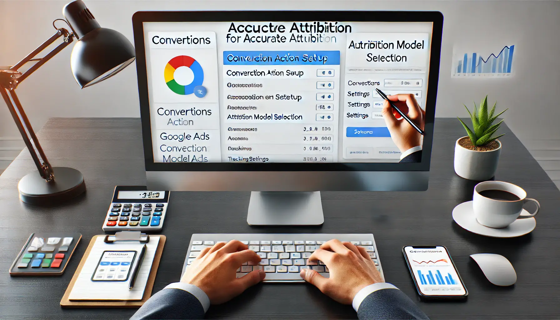 Digital marketer configuring conversion tracking settings in Google Ads for accurate attribution on a large computer screen.