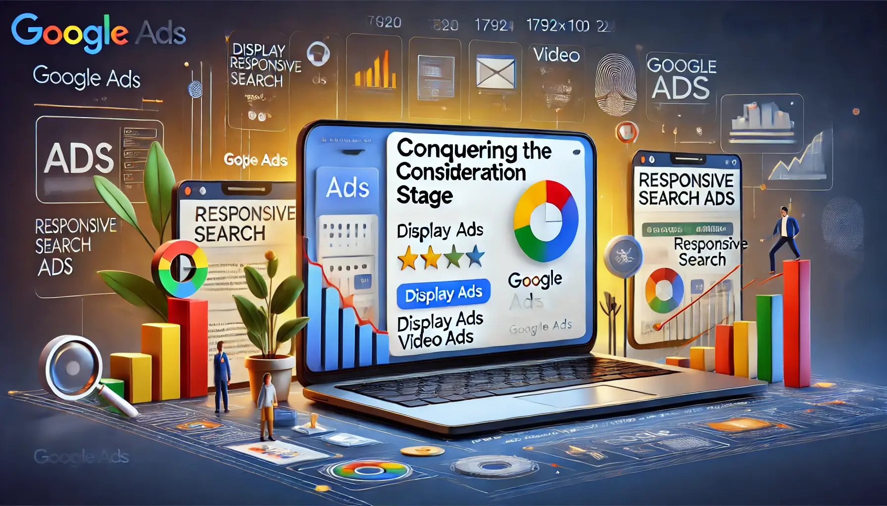 Digital marketing scene with a laptop displaying Google Ads interface, showing various ad formats like display ads, video ads, and responsive search ads optimized for the consideration stage, surrounded by engagement and performance tracking visuals.