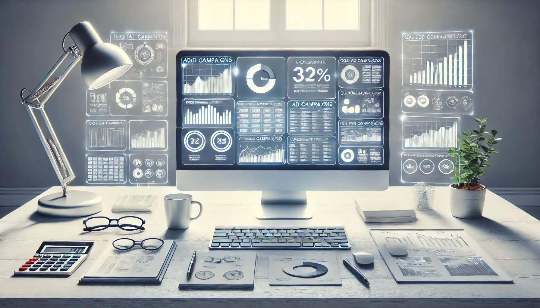 A digital marketing workspace showing a computer with a unified dashboard displaying merged ad campaigns, symbolizing the consolidation of similar campaigns for better performance and management.