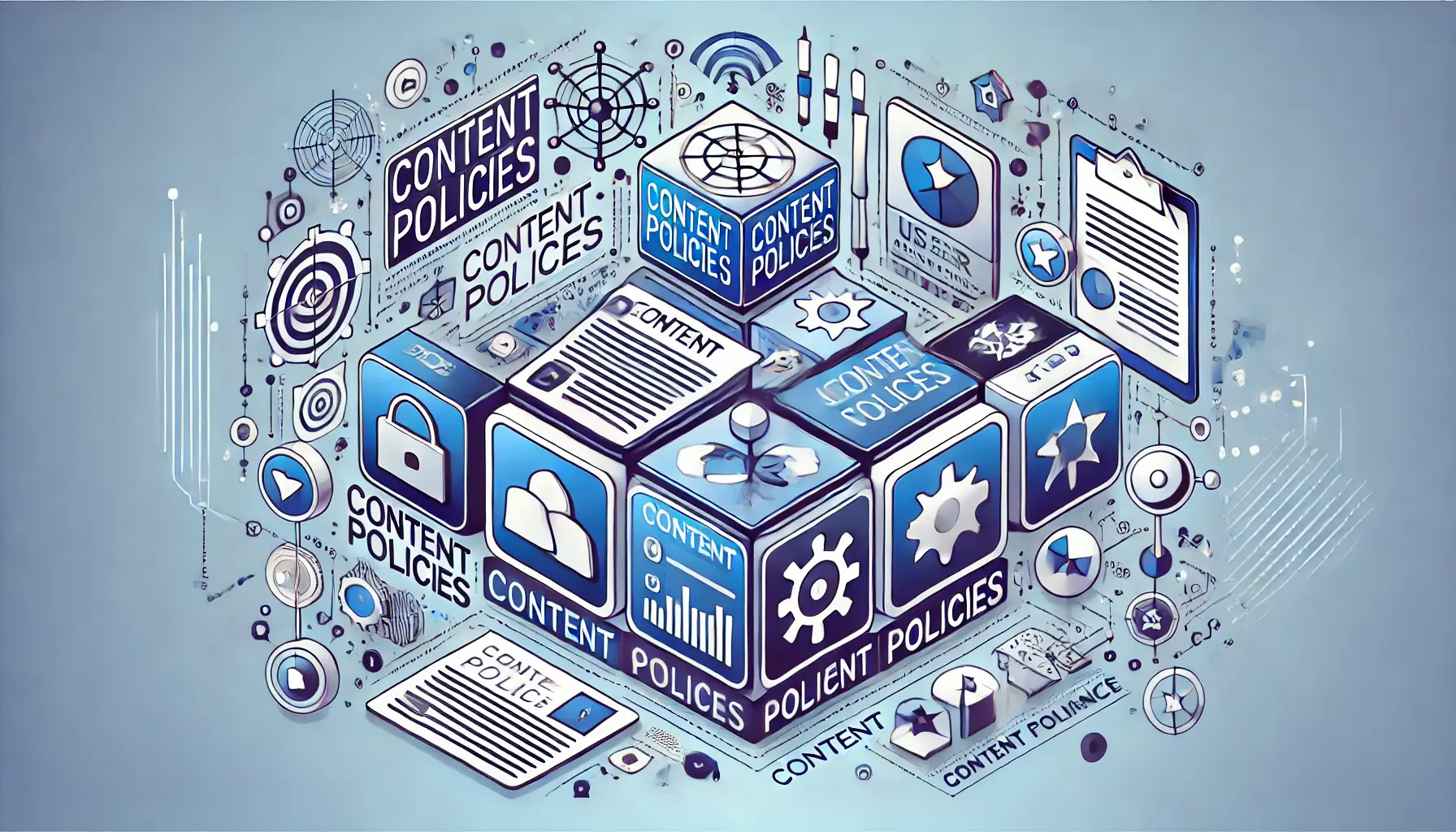 Abstract representation of content policies in app store compliance, featuring symbols of user-generated content and content standards.