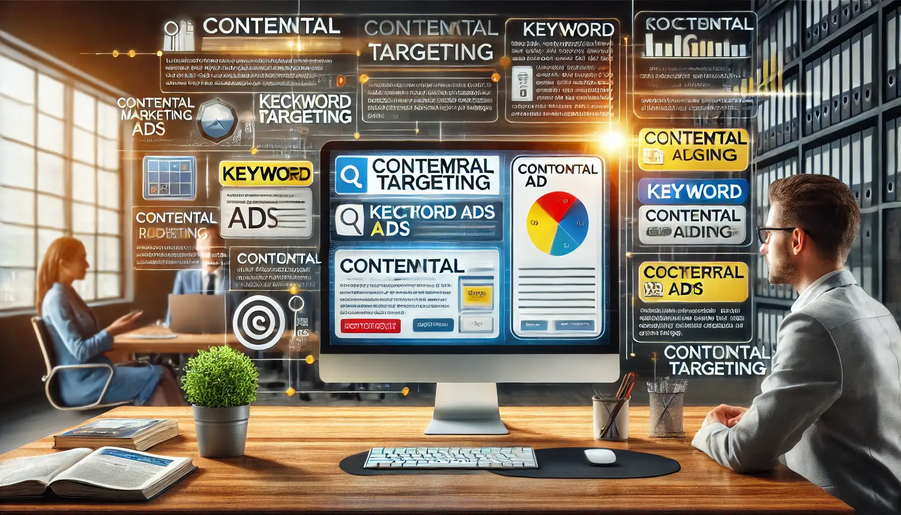 Digital marketing professional analyzing contextual ads on a computer screen.