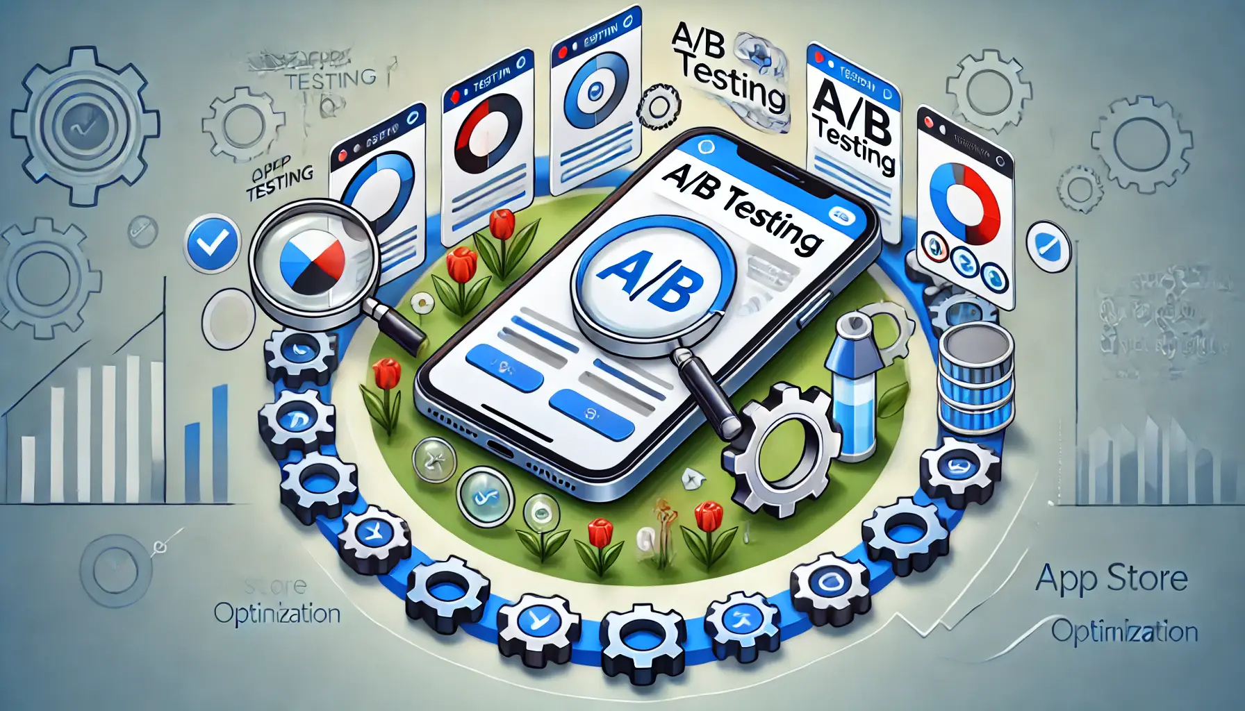 Illustration representing continual testing in ASO, featuring a mobile device with two app screens side by side, symbolizing A/B testing, with gears, magnifying glasses, and arrows indicating improvements.