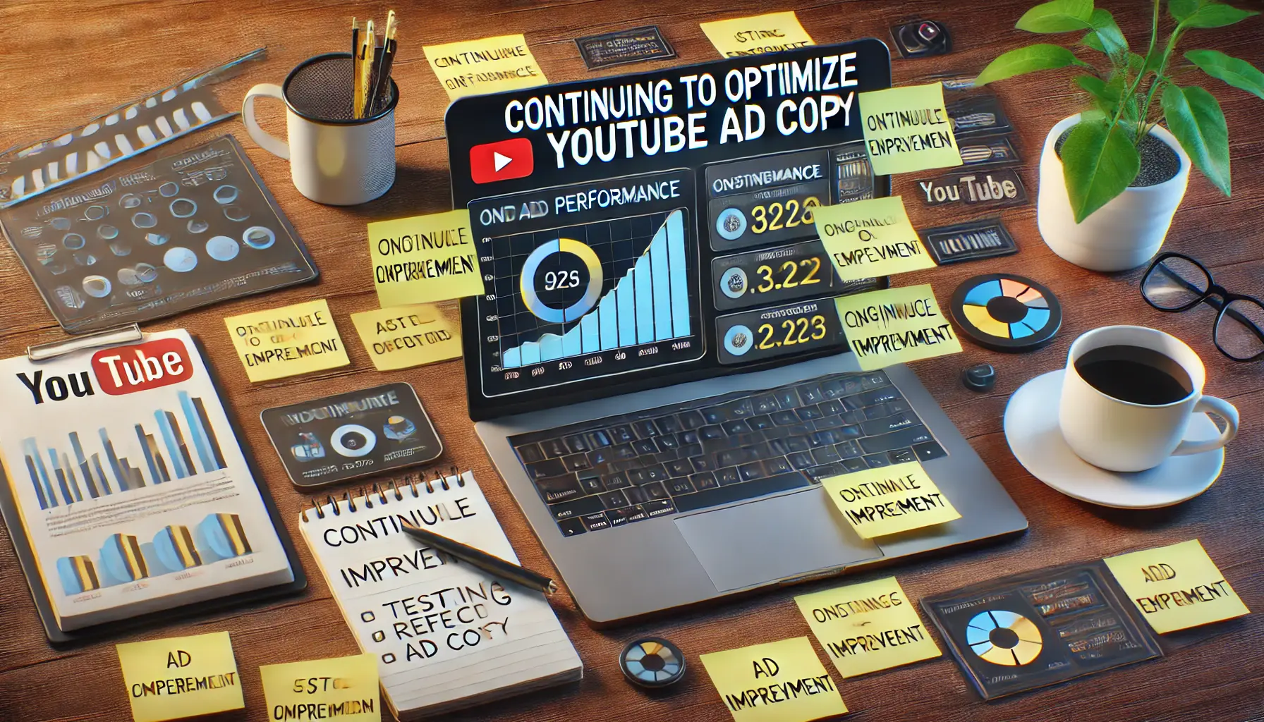 A workspace with a laptop displaying ad performance metrics and ongoing optimization charts, surrounded by sticky notes and a notepad with strategies.