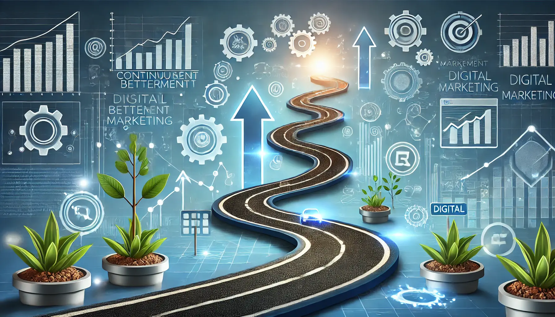 An illustrative image depicting continuous betterment as the path to success in digital marketing, featuring a winding road and growth symbols.