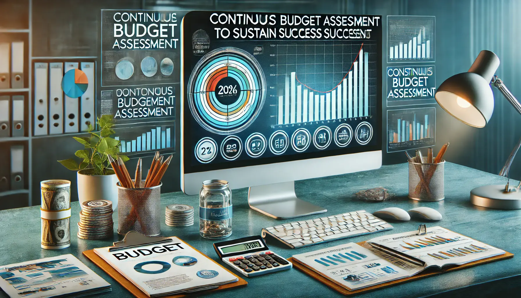 A modern office workspace displaying ongoing budget assessments and performance metrics.