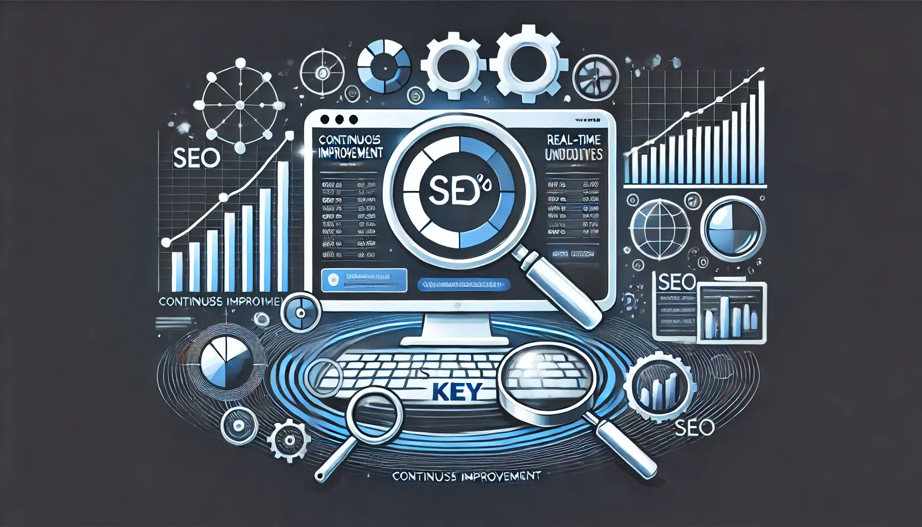 A computer screen displaying SEO metrics with progress indicators and charts showing continuous growth, surrounded by gears and analytics tools symbolizing ongoing SEO improvement.