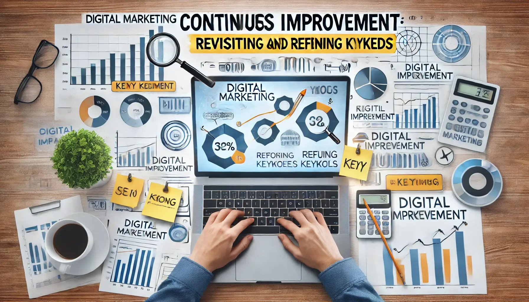 A digital marketing professional analyzing keyword performance data on a laptop.