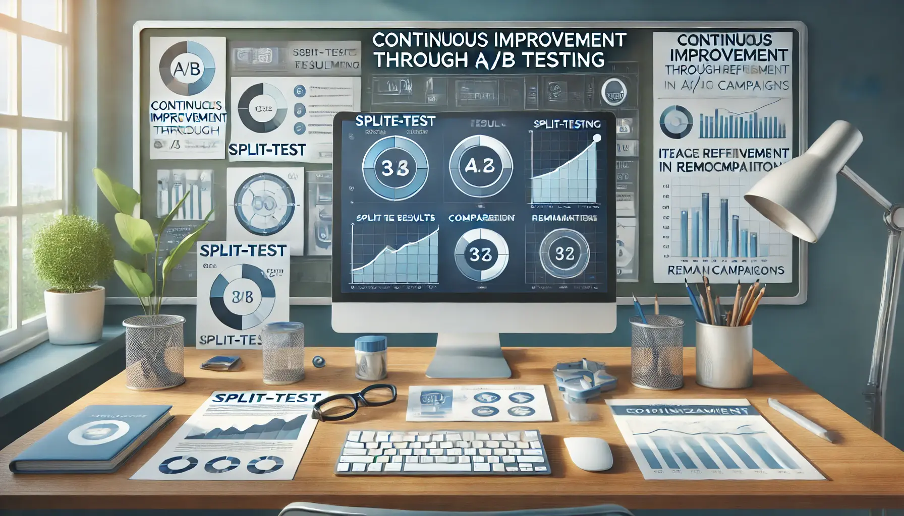 Digital marketing setup with a computer screen showing split-test results, comparison charts, and metrics for optimization, representing A/B testing.