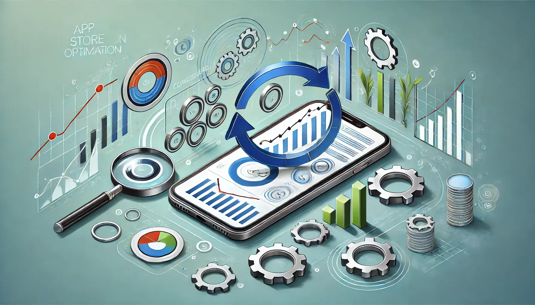 Illustration representing continuous monitoring and iterative evolution in ASO, featuring a mobile device with real-time analytics, surrounded by circular arrows, gears, and magnifying glasses.