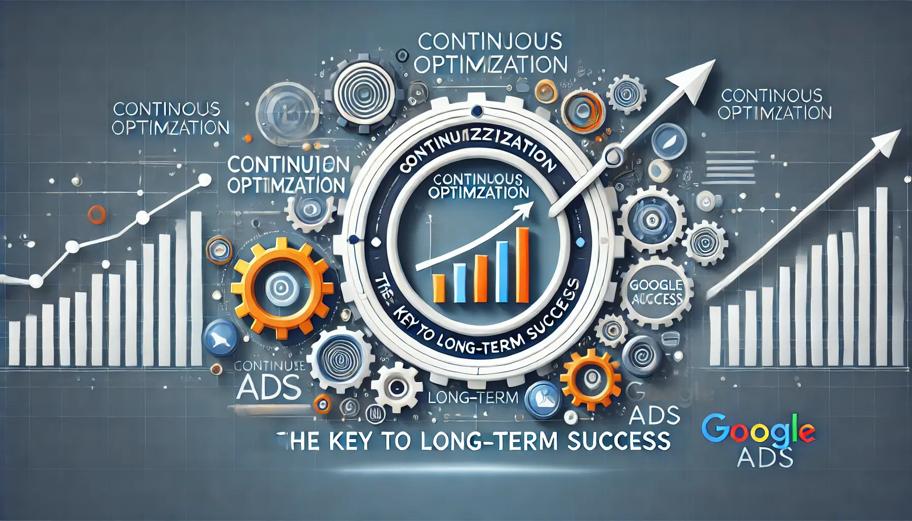 Visual representation of continuous optimization and long-term success, featuring a growth chart, circular arrows symbolizing ongoing improvement, and gears representing optimization.