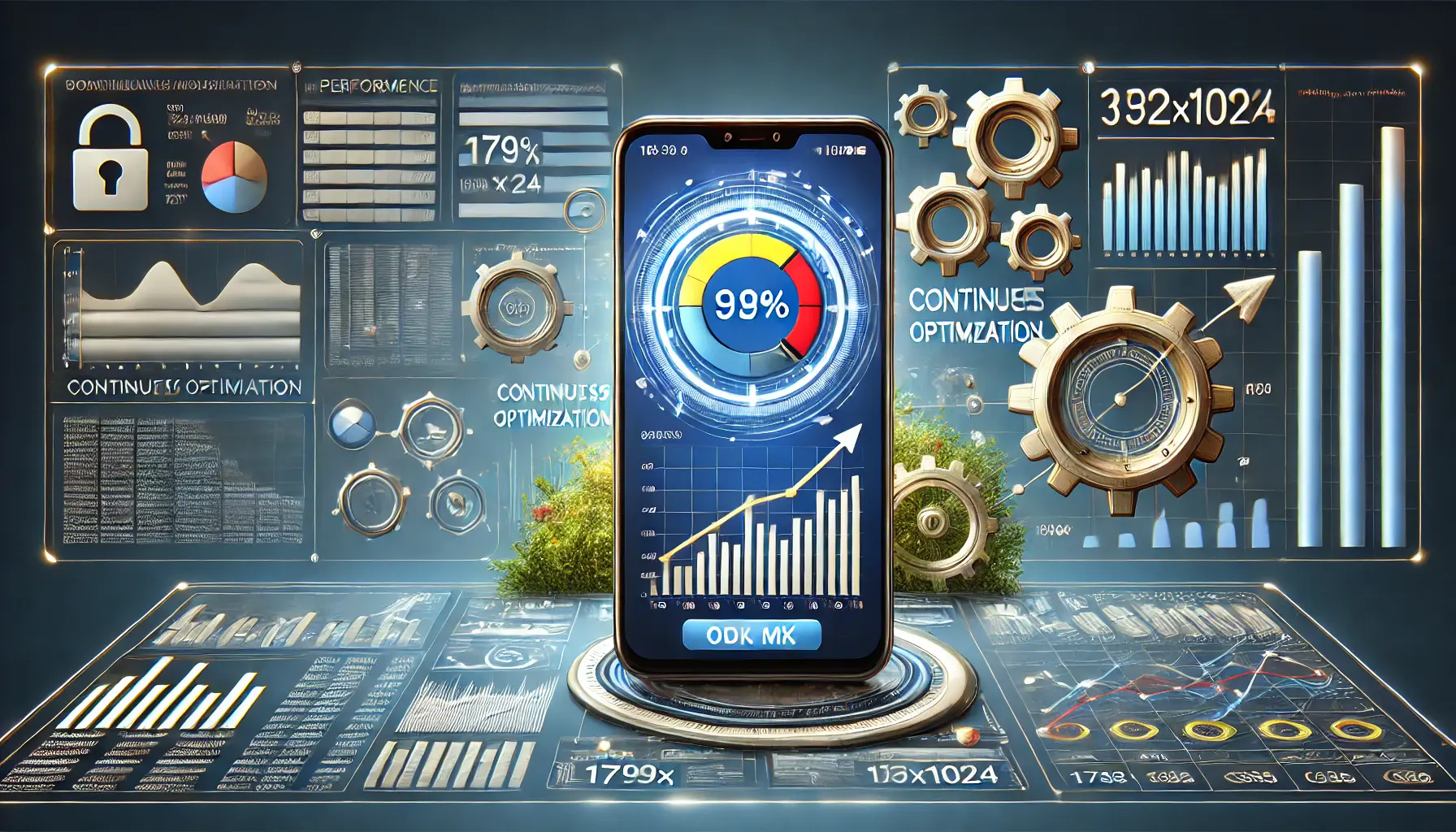 Smartphone displaying app ad with a dynamic dashboard and optimization symbols