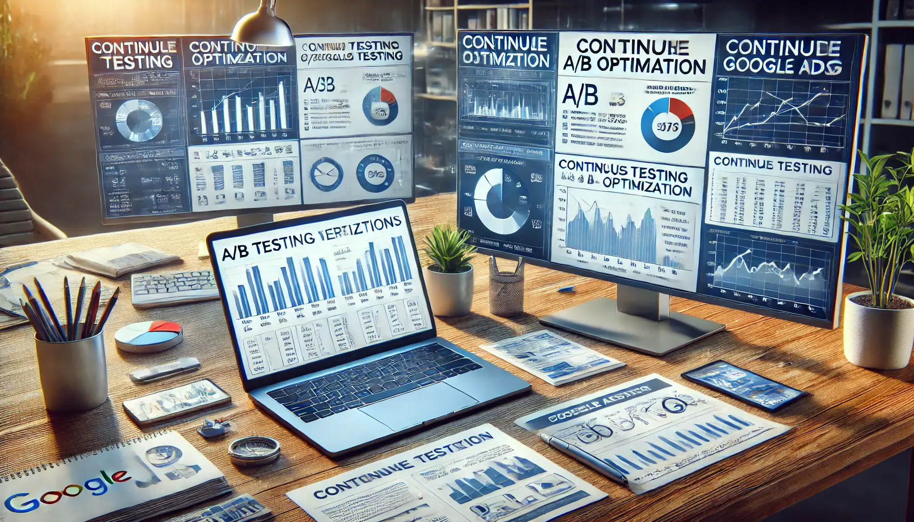 A digital marketing workspace where a professional is analyzing A/B testing results, with charts comparing different ad variations and performance metrics like conversion rates and click-through rates.