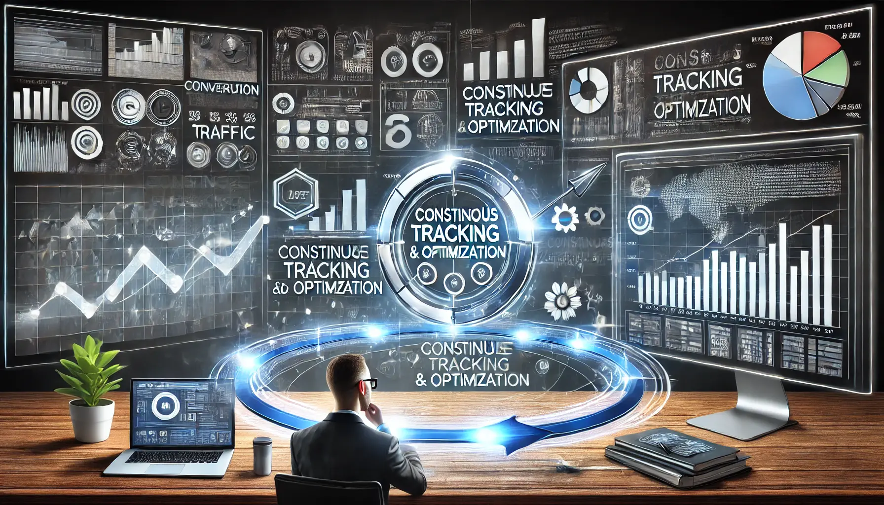 Digital marketing scene showing a marketing dashboard with ongoing performance metrics and visual elements representing a cycle of optimizations