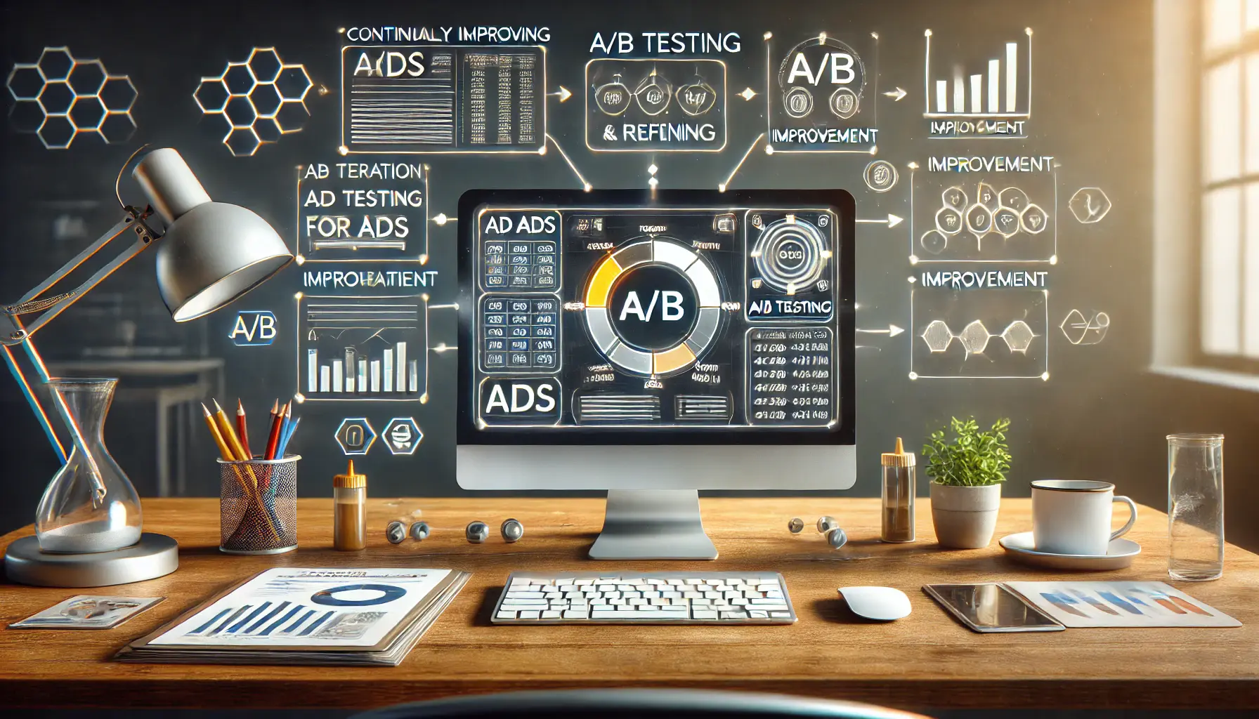 Workspace with a computer displaying an A/B testing platform for ads, showing variations of ad metrics and performance results, surrounded by icons for iteration and improvement.