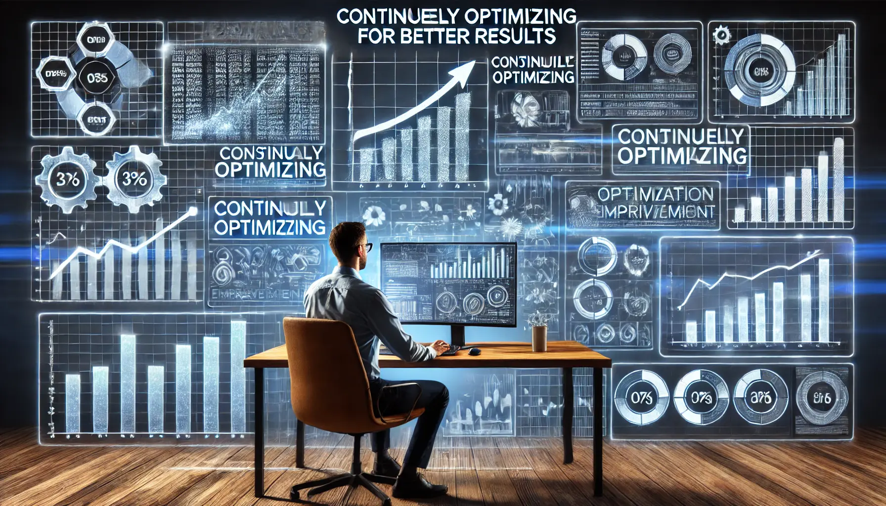 A visual representation of continuously optimizing for better results, showing a person analyzing performance data on multiple screens.