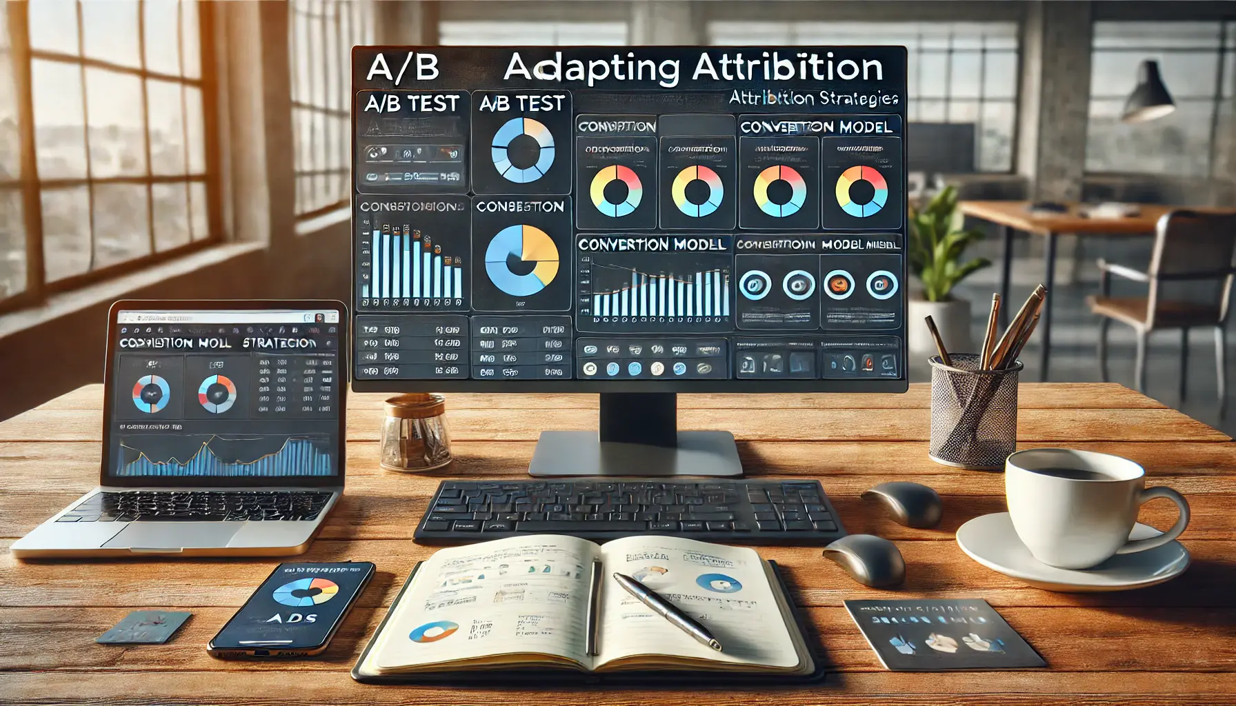 Digital marketer testing and adapting attribution strategies on a Google Ads dashboard with A/B test metrics and model comparison insights.