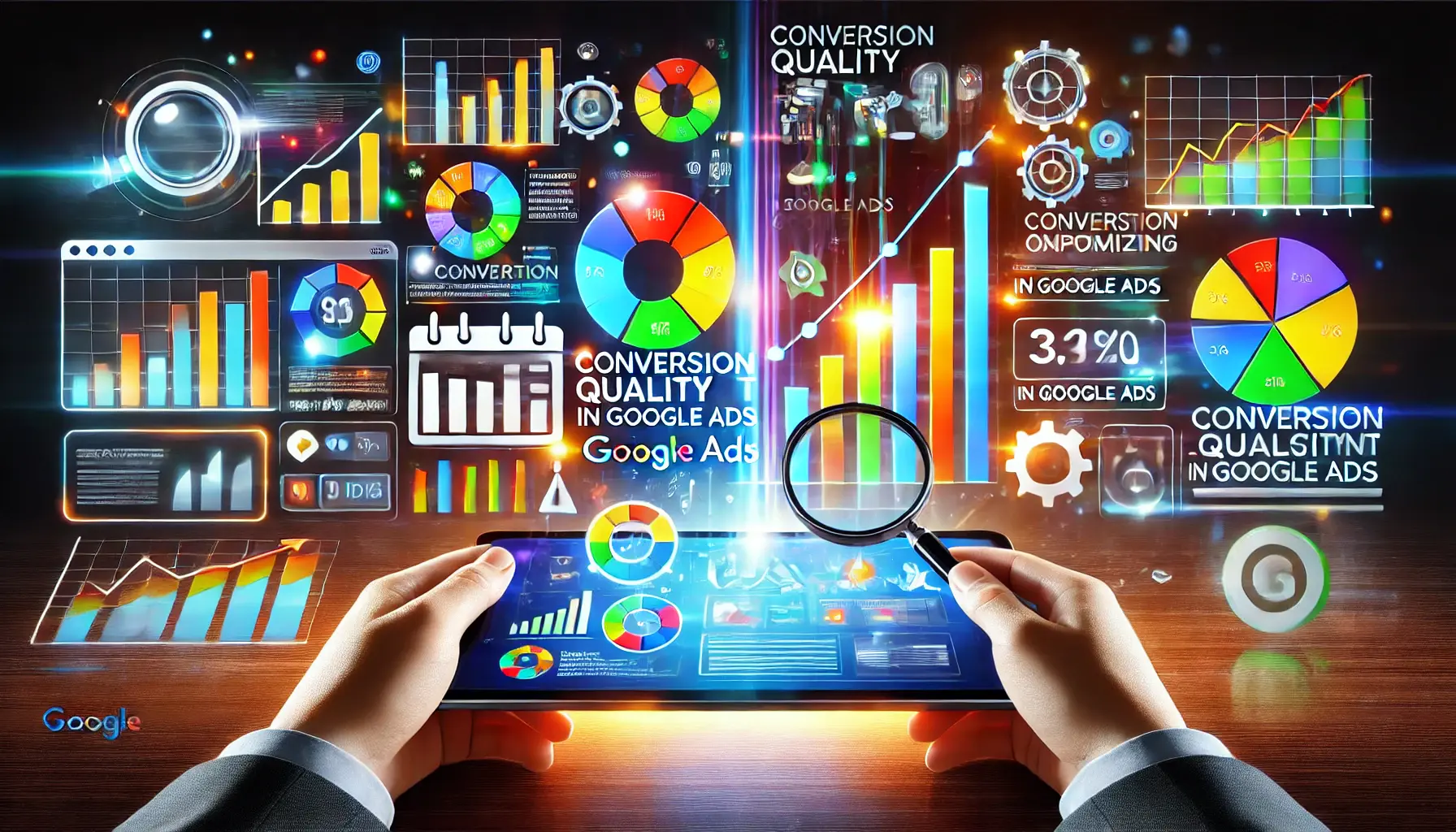 A professional image depicting digital marketing metrics and graphs related to conversion quality in Google Ads.