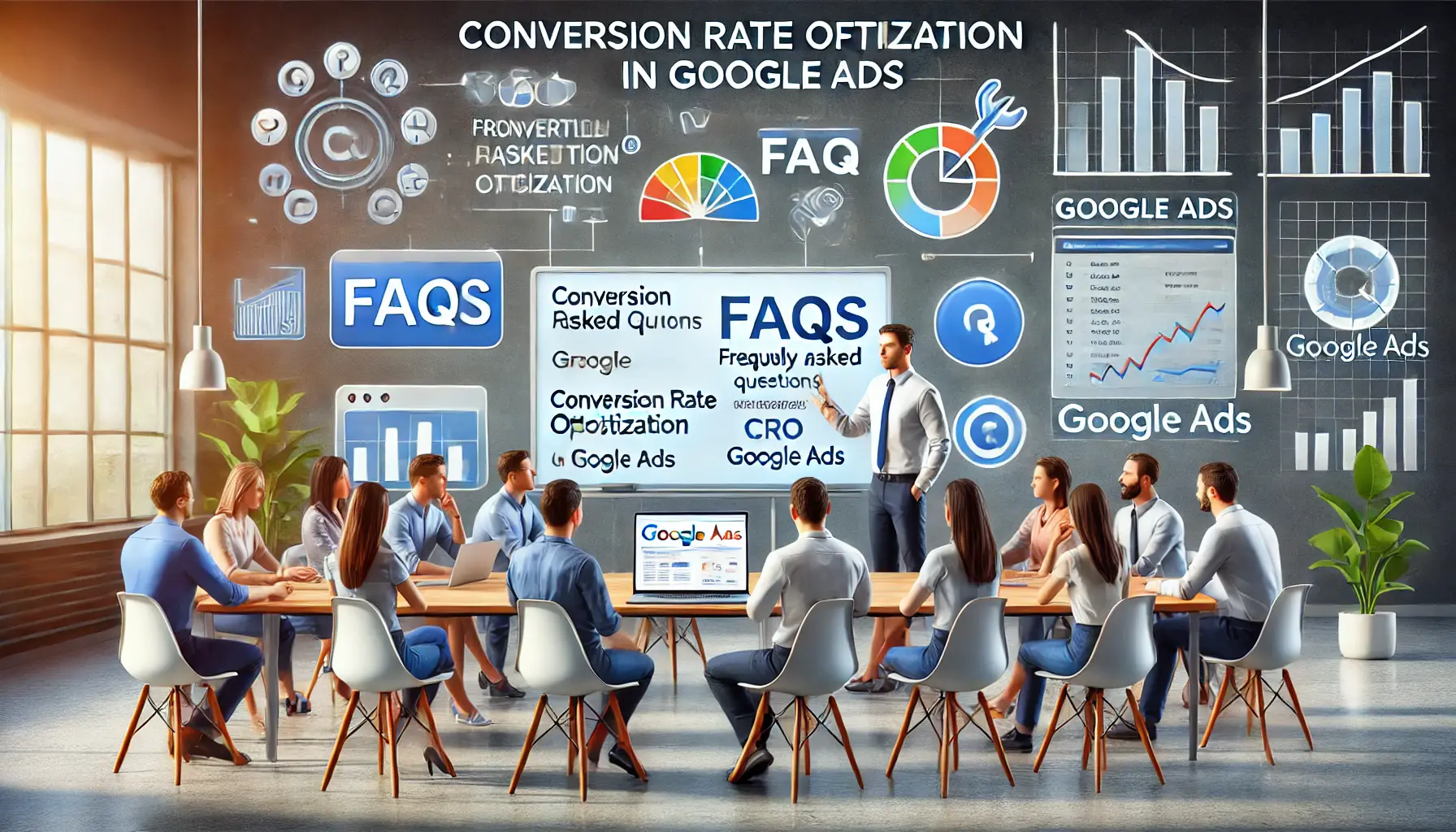 A digital marketing expert presenting FAQs about CRO in Google Ads to an audience in a modern office.