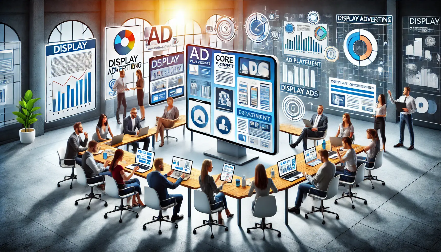 Scene depicting core ad placement strategies in display advertising with diverse professionals around a digital screen.