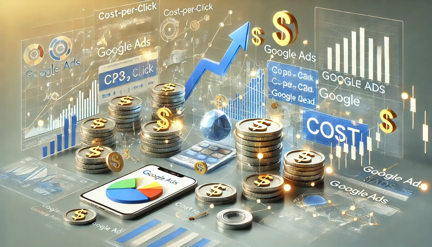 A digital marketing scene showing financial elements and devices tracking ad campaign costs, representing cost factors in lead generation with Google Ads.