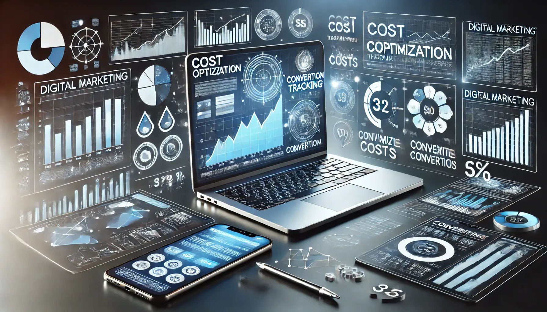 A digital marketing scene showing devices with dashboards and charts tracking conversion data, symbolizing cost optimization through conversion tracking.