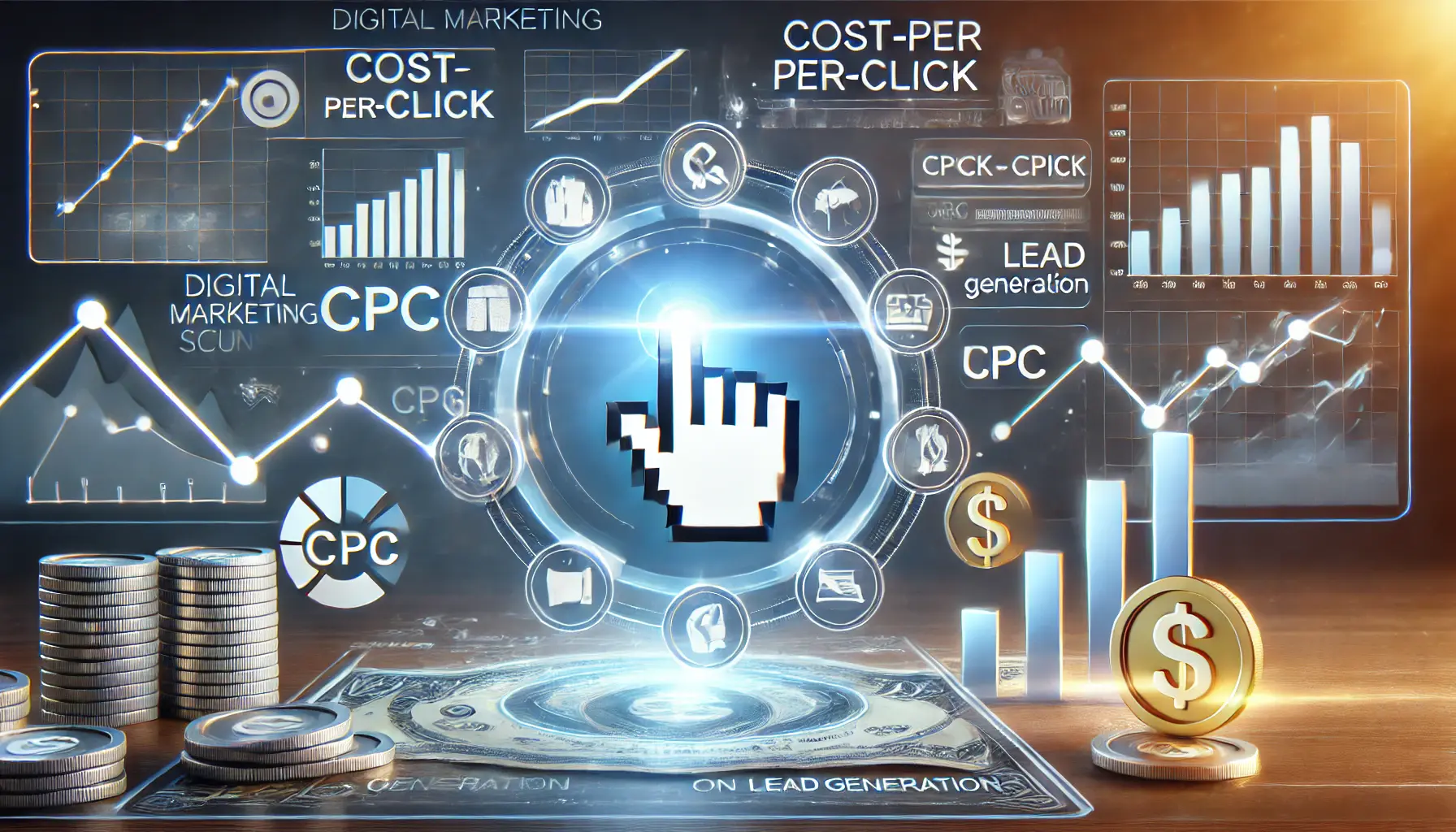 A digital marketing scene illustrating cost-per-click (CPC) with a clicking action and financial elements representing costs associated with each click.