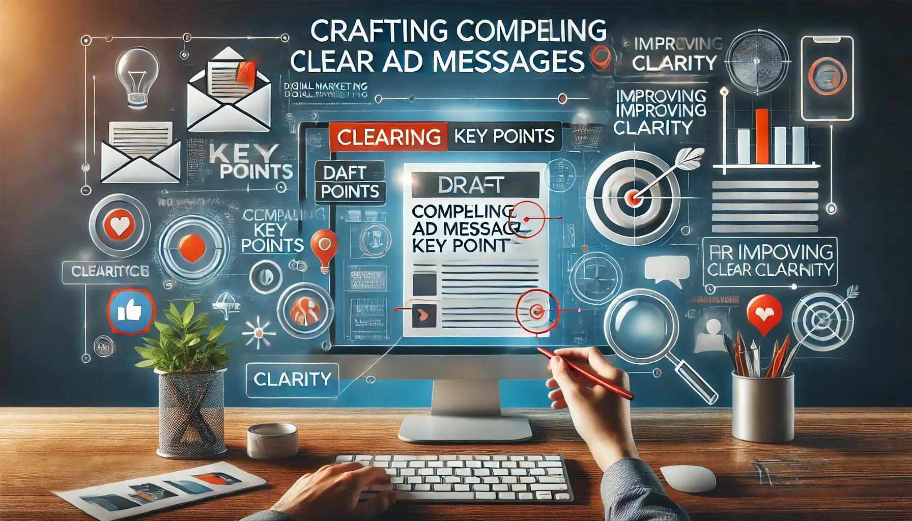 Marketer refining ad message on a computer screen with icons representing communication and clarity