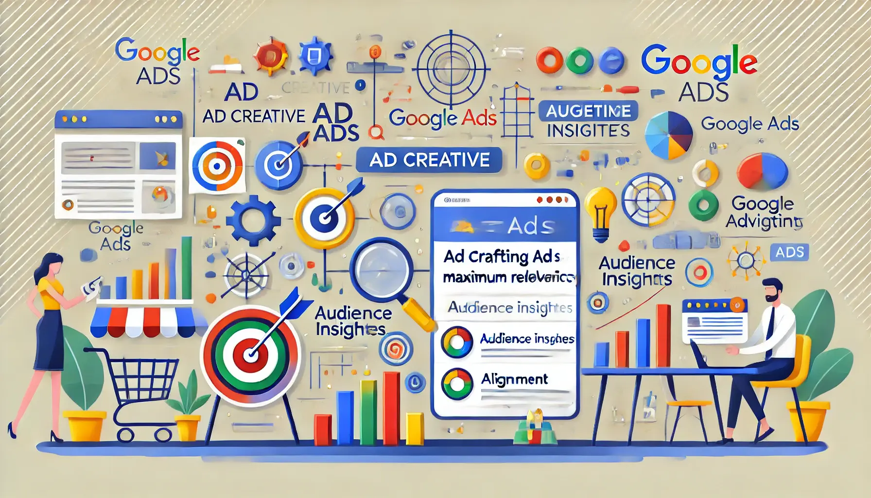 Image depicting the process of crafting ads with creative icons, targeting symbols, and audience insights for maximum relevance.