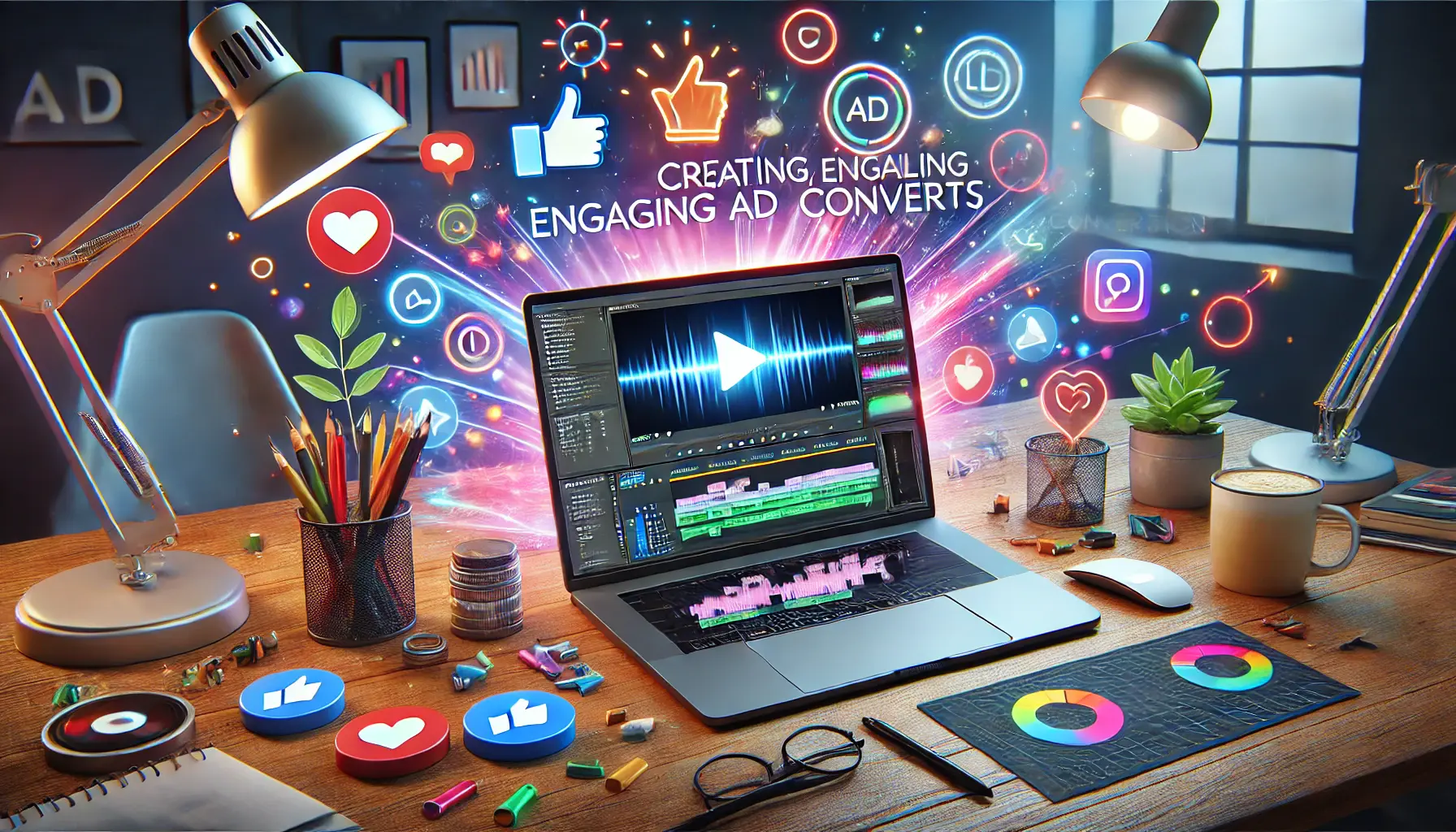 Workspace with a laptop displaying video editing software, surrounded by icons of viewer engagement, representing engaging ad content.