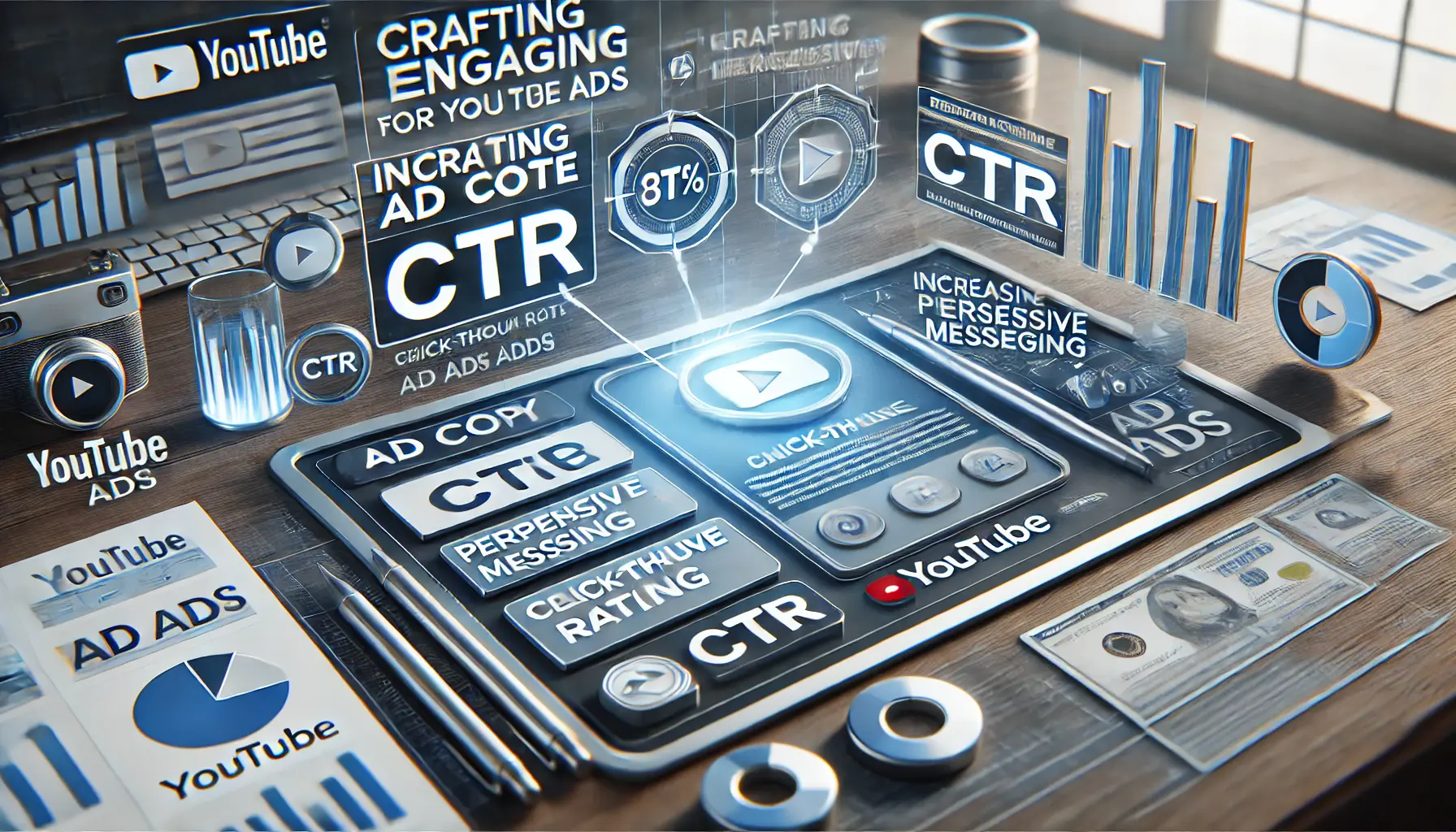 Image showing a digital workspace with elements for creating engaging ad copy to boost CTR in YouTube ads.