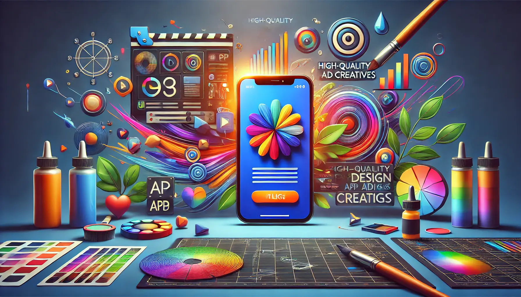 Smartphone displaying vibrant app ad with design tools and color palettes around it