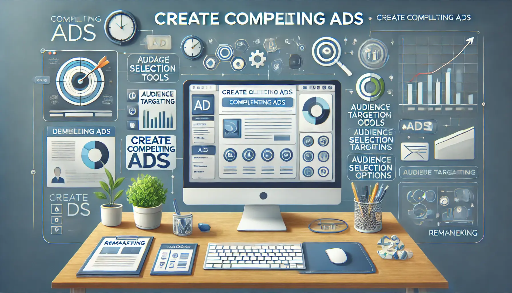 Digital marketing setup with a computer screen displaying an ad design interface and image selection tools, representing ad creation.