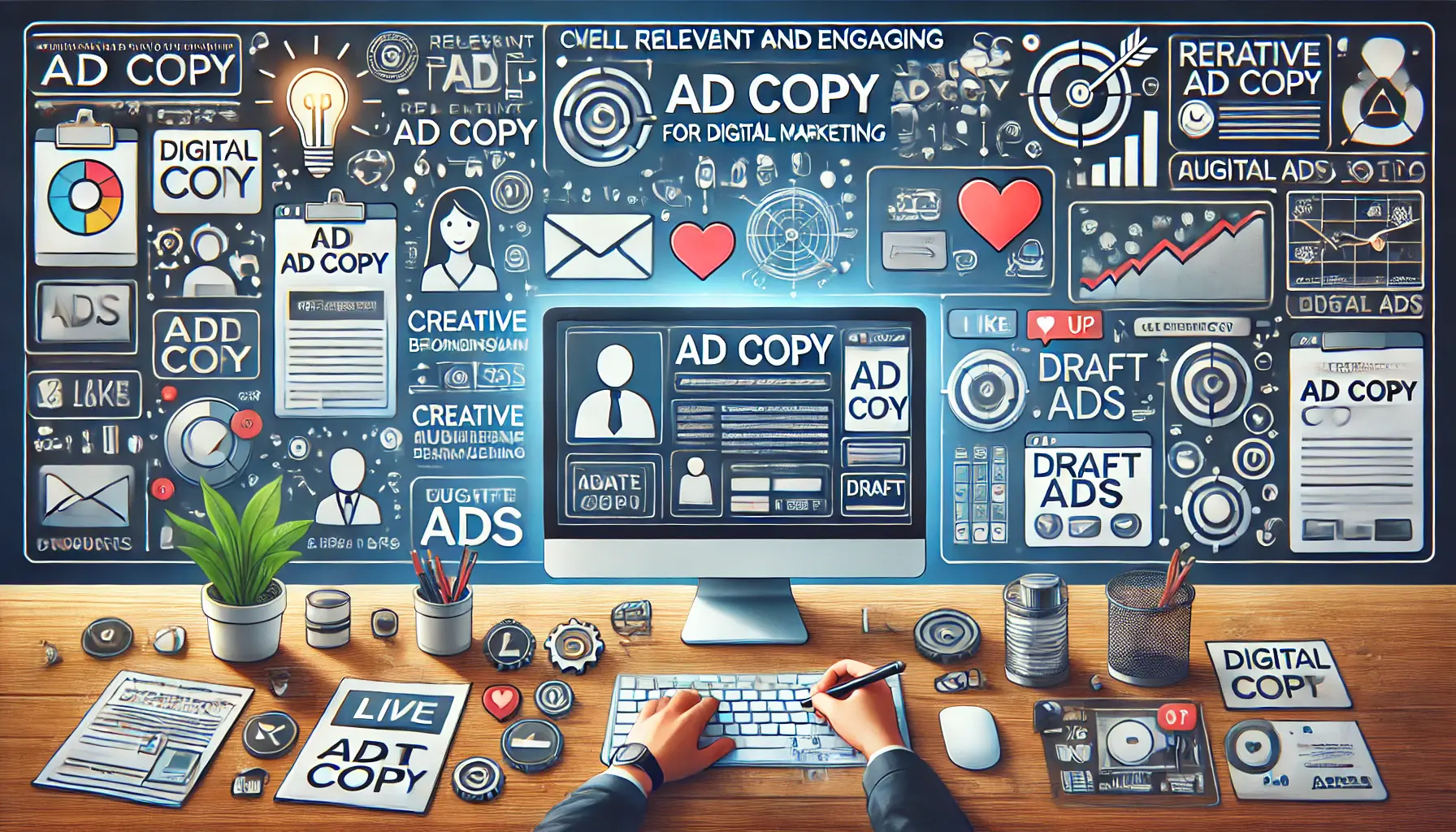 Marketer crafting ad copy on a computer screen with creative brainstorming symbols and audience engagement icons