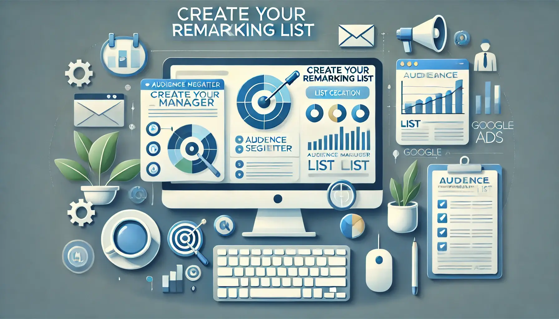 Digital marketing setup showing a computer screen with audience manager and icons for user targeting, representing remarketing list creation.