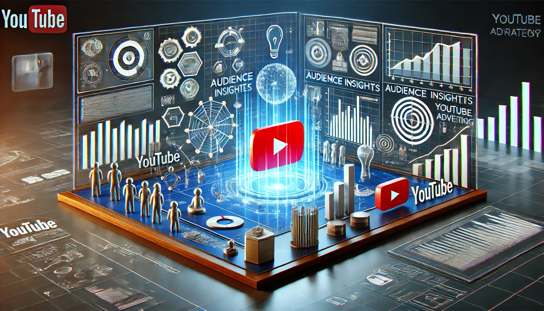 An illustration of creating a data-driven YouTube advertising strategy, featuring data analytics, performance metrics, and ad campaign optimization.