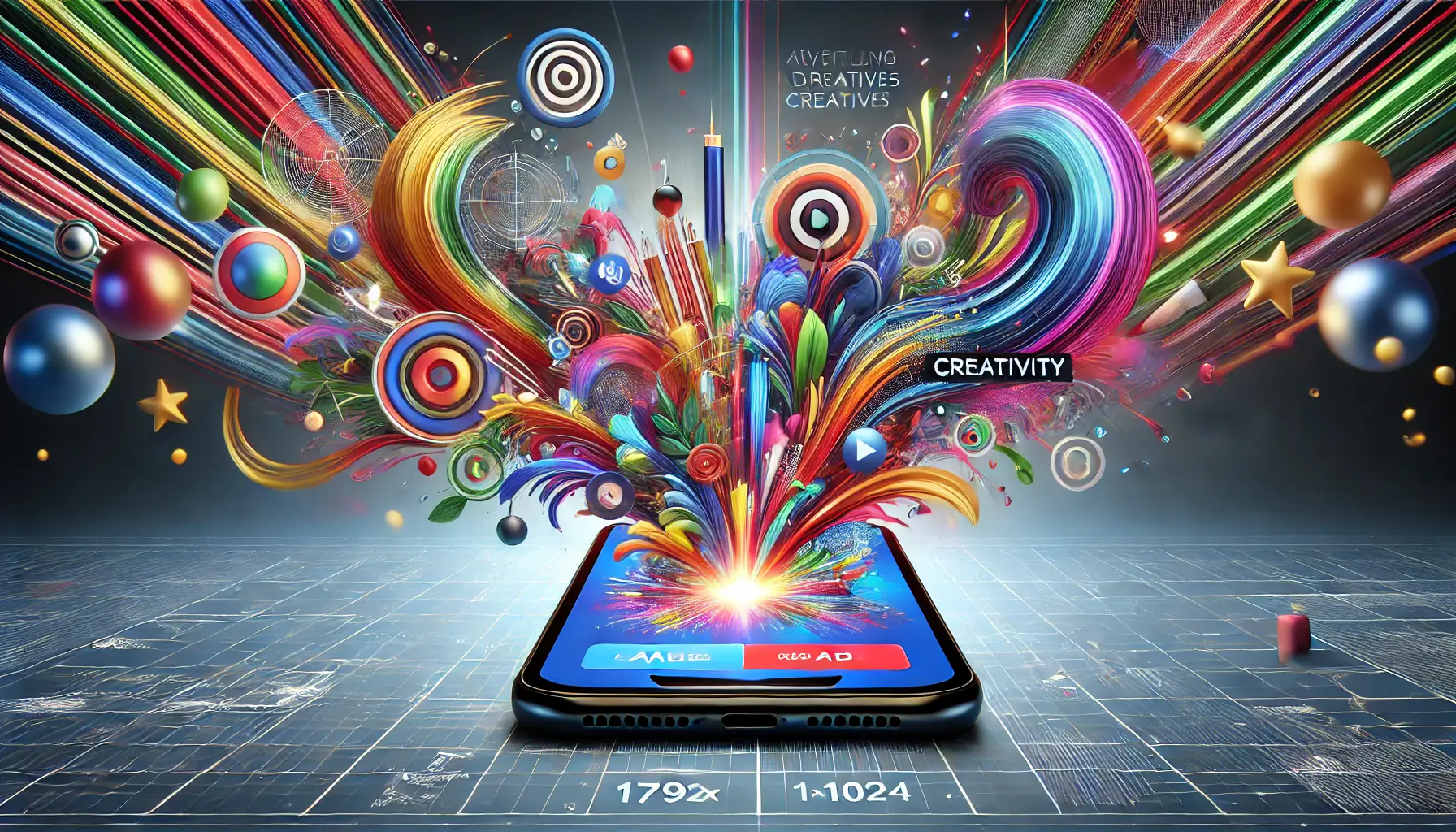 Smartphone displaying vibrant app ad with creative elements like bold colors and motion effects