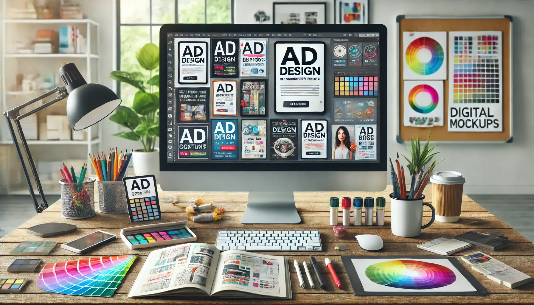 Creative workspace featuring a computer screen with ad design software, surrounded by color swatches, sketchbook, and tablet, emphasizing digital ad creation.